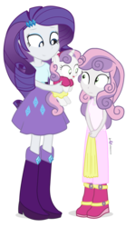 Size: 625x1125 | Tagged: safe, artist:dm29, rarity, sweetie belle, human, pony, equestria girls, g4, belle sisters, clothes, cute, diasweetes, equestria girls outfit, female, filly, holding a pony, human ponidox, julian yeo is trying to murder us, not sure if want, pony pet, raribetes, siblings, simple background, sisters, transparent background, trio, weirded out
