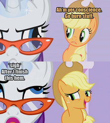 Size: 1280x1440 | Tagged: safe, edit, edited screencap, screencap, applejack, rarity, g4, :c, annoyed, caption, comic, conscience, eyeroll, frown, magic, open mouth, out of context, pyromaniac, smiling, this will end in fire, tulpa