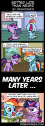 Size: 850x2360 | Tagged: safe, artist:drawponies, daring do, rainbow dash, twilight sparkle, pegasus, pony, unicorn, g4, alternate universe, baby, baby dash, babylight sparkle, book, classroom, comic, female, filly, filly rainbow dash, filly twilight sparkle, golden oaks library, ponyville schoolhouse, reading, twilight sparkle is not amused, unamused, unicorn twilight, younger