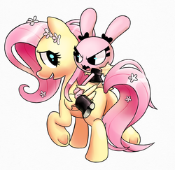 Size: 991x964 | Tagged: safe, artist:gaturo, fluttershy, pegasus, pony, rabbit, g4, butt, female, flower in hair, gray background, mare, pixiv, plot, simple background