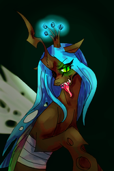 Size: 550x821 | Tagged: safe, artist:connie-lingus, queen chrysalis, changeling, changeling queen, g4, crown, female, jewelry, regalia, solo, tongue out