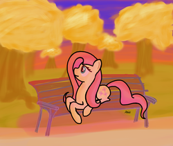 Size: 1170x986 | Tagged: safe, artist:mang, fluttershy, g4, bench, female, forest, solo, sunset