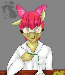 Size: 3000x3426 | Tagged: safe, artist:kdjade, apple bloom, earth pony, anthro, g4, clothes, female, goggles, high res, lab coat, science, solo