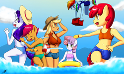 Size: 2500x1500 | Tagged: safe, artist:skecchiart, apple bloom, applejack, rainbow dash, rarity, scootaloo, sweetie belle, earth pony, anthro, g4, ass, belly button, bikini, breasts, butt, clothes, cooler, cutie mark crusaders, female, floaty, freckles, front knot midriff, hat, inner tube, midriff, ocean, one-piece swimsuit, pool toy, shorts, swimsuit, watergun