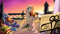 Size: 1366x768 | Tagged: safe, artist:lunarcakez, princess celestia, princess luna, alicorn, pony, g4, bipedal, book, music, musical instrument, s1 luna, sheet music, sisters, violin, younger