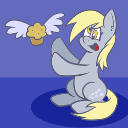 Size: 576x576 | Tagged: safe, artist:pembroke, derpy hooves, pegasus, pony, g4, female, food, mare, muffin, open mouth, open smile, smiling, solo, winged muffin
