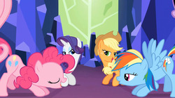 Size: 1280x720 | Tagged: safe, screencap, applejack, pinkie pie, rainbow dash, rarity, pony, g4, my little pony: friendship is magic, twilight's kingdom, duckface, lidded eyes, out of context