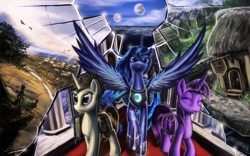 Size: 1920x1200 | Tagged: safe, artist:huussii, princess luna, twilight sparkle, oc, pony, unicorn, zebra, fanfic:lacuna, g4, book, broken glass, city, eyes closed, fanfic art, grin, looking at you, mare in the moon, moon, raised hoof, saddle bag, scenery, shop, sky, smiling, spread wings