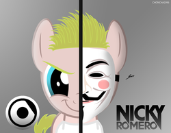 Size: 3561x2760 | Tagged: safe, artist:choncha1996, oc, oc only, pony, clothes, guy fawkes mask, high res, nicky romero, ponified, shirt, solo