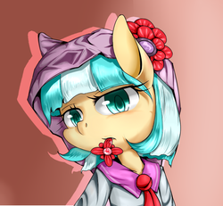 Size: 780x720 | Tagged: safe, artist:luciferamon, coco pommel, pony, g4, bipedal, bust, clothes, female, flower, flower in mouth, gradient background, hoodie, looking at you, mouth hold, necktie, pixiv, solo