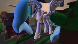 Size: 1366x768 | Tagged: safe, artist:gmodpon-e, artist:iamyou, princess celestia, queen chrysalis, alicorn, changeling, changeling queen, pony, g4, 3d, crown, female, giant pony, giantess, giantlestia, gmod, jewelry, macro, mare, ponyville, regalia, size difference, source filmmaker, stomping