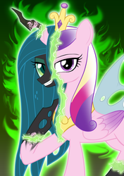 Size: 1280x1817 | Tagged: safe, artist:momo, queen chrysalis, changeling, changeling queen, g4, character to character, disguise, disguised changeling, duality, fake cadance, female, solo, transformation