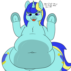 Size: 1000x1000 | Tagged: safe, artist:watertimdragon, oc, oc only, oc:jester bells, pony, unicorn, against glass, bedroom eyes, belly, belly button, bipedal, chest fluff, dialogue, fat, heart, impossibly wide hips, looking at you, morbidly obese, obese, solo, tongue out, wide hips