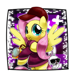 Size: 1200x1200 | Tagged: safe, artist:hoyeechun, angel bunny, fluttershy, g4, bottomless, clock, clothes, flava flav, hat, partial nudity, rapper, sunglasses, sweater, sweatershy