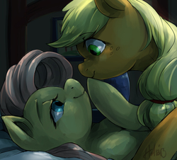 Size: 1226x1110 | Tagged: safe, artist:audrarius, applejack, fluttershy, pony, g4, bedroom eyes, boop, cuddling, eye contact, female, freckles, hug, lesbian, looking at each other, mare, missing accessory, nose wrinkle, on back, on top, scrunchy face, ship:appleshy, shipping, smiling, snuggling, wide eyes