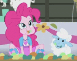 Size: 349x278 | Tagged: safe, screencap, pinkie pie, twilight sparkle, goat, sheep, equestria girls, g4, my little pony equestria girls: rainbow rocks, shake your tail, animated, balloon, boots, clothes, eating, female, flower, high heel boots, humans doing horse things, skirt