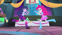 Size: 1280x720 | Tagged: safe, screencap, pinkie pie, twilight sparkle, equestria girls, g4, my little pony equestria girls: rainbow rocks, shake your tail, balloon, basketball net, boots, bracelet, clothes, cup, derp, high heel boots, jewelry, punch (drink), punch bowl, skirt, table