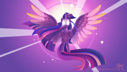 Size: 2560x1440 | Tagged: safe, artist:joellethenose, twilight sparkle, alicorn, pony, g4, female, glowing eyes, large wings, mare, rainbow power, solo, twilight sparkle (alicorn), wings