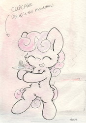 Size: 679x971 | Tagged: safe, artist:slightlyshade, sweetie belle, pony, g4, bipedal, cupcake, female, happy, solo, traditional art