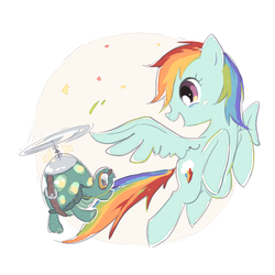 Size: 600x600 | Tagged: safe, artist:raichi, rainbow dash, tank, pegasus, pony, tortoise, g4, eye contact, flying, happy, pet, simple background