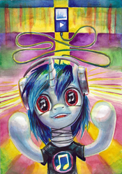 Size: 1637x2335 | Tagged: safe, artist:kaermter, dj pon-3, vinyl scratch, pony, g4, bipedal, color porn, female, music player, psychedelic, solo, surreal, traditional art, wires