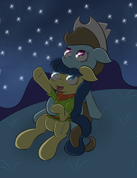 Size: 1536x2000 | Tagged: safe, artist:alexmichanikos, beauty brass, fiddlesticks, g4, apple family member, cowboy hat, female, fiddlebrass, hat, heart, holding hooves, intertwined tails, lesbian, night, shipping, shooting star, stargazing, stars, tail, tail wrap