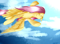 Size: 1800x1300 | Tagged: safe, artist:baldmoose, fluttershy, g4, female, flying, happy, sky, solo