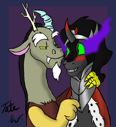 Size: 732x803 | Tagged: safe, artist:tateshaw, discord, king sombra, g4, blushing, gay, male, shipping, sombracord