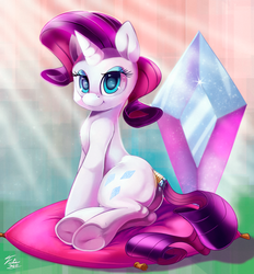 Size: 900x968 | Tagged: safe, artist:tsitra360, rarity, g4, butt, diamond, female, flank, looking at you, on side, pillow, plot, sitting, smiling, solo, tail wrap, underhoof