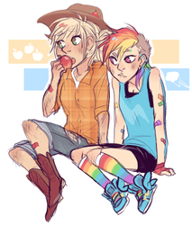 Size: 449x527 | Tagged: safe, artist:homosocks, artist:sockleton, applejack, rainbow dash, human, g4, apple, bandaid, clothes, duo, ear piercing, eating, eyebrow piercing, food, humanized, industrial piercing, lip ring, piercing, rainbow socks, shoes, socks, striped socks, unmoving plaid, winged shoes