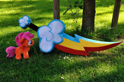 Size: 1024x680 | Tagged: safe, artist:tadstone, rainbow dash, scootaloo, g4, irl, photo, plushie, sword