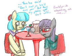 Size: 990x765 | Tagged: safe, artist:redanon, coco pommel, maud pie, g4, 4chan, crying, drinking, drunk, infidelity, requested art, running makeup, sad