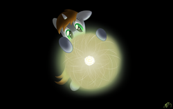 Size: 949x600 | Tagged: safe, artist:brisineo, oc, oc only, oc:littlepip, pony, unicorn, fallout equestria, atom, dark background, darkness, fanfic, fanfic art, female, hooves, horn, mare, simple background, solo