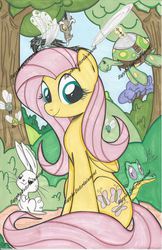 Size: 1205x1862 | Tagged: safe, artist:ponygoddess, angel bunny, discord, fluttershy, gummy, tank, breezie, parasprite, g4, looking at you, sitting, traditional art