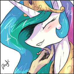 Size: 475x473 | Tagged: safe, artist:dragk, princess celestia, human, pony, g4, blushing, chin scratch, cute, cutelestia, eyes closed, female, grin, hand, mare, smiling