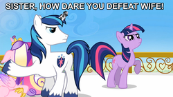Size: 896x504 | Tagged: safe, edit, edited screencap, screencap, princess cadance, shining armor, twilight sparkle, g4, the crystal empire, defeated, frown, funny, glare, half life full life consequences, horn, horn crystals, image macro, magic suppression, meme, raised hoof, scrunchy face, sister, wat, wife