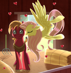 Size: 2500x2594 | Tagged: safe, artist:frostykat13, artist:vocalmaker, big macintosh, fluttershy, earth pony, pony, g4, backlighting, barn, high res, kissing, male, ship:fluttermac, shipping, stallion, straight, surprise kiss, surprised