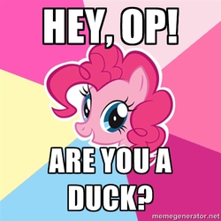 Size: 500x500 | Tagged: safe, pinkie pie, g4, advice meme, exploitable meme, female, image macro, meme, op is a duck, op is a duck (reaction image), reaction image, solo