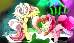 Size: 1280x750 | Tagged: safe, artist:madacon, dj pon-3, fluttershy, pinkie pie, vinyl scratch, earth pony, pegasus, pony, unicorn, g4, dancing, female, glowstick, mare, not so shy