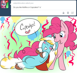 Size: 636x600 | Tagged: safe, artist:tomomifox95, pinkie pie, oc, oc:red hood, g4, ask, blushing, grin