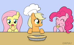 Size: 1000x609 | Tagged: safe, artist:empyu, applejack, fluttershy, pinkie pie, g4, apple pie, eating, fangs, trio