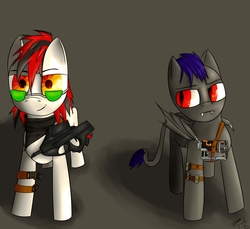 Size: 1200x1100 | Tagged: safe, oc, oc only, bat pony, pony, fallout equestria, bandana, deviousfate, fangs, frown, gun, leg strap, palindrome get, rifle, smiling, sunglasses, weapon