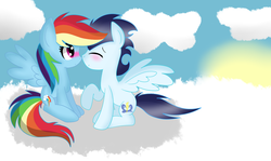 Size: 1024x610 | Tagged: safe, artist:sparkle-bliss, rainbow dash, soarin', g4, blushing, boop, cloud, cloudy, eyes closed, female, male, nervous, noseboop, nuzzling, raised hoof, ship:soarindash, shipping, sitting, sky, smiling, spread wings, straight, sun