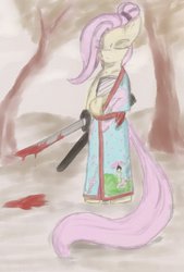 Size: 736x1086 | Tagged: safe, artist:magello, fluttershy, pony, g4, bipedal, blood, clothes, eyes closed, female, flutterbadass, kimono (clothing), ronin, samurai, samurai fluttershy, solo, sword, traditional art, weapon