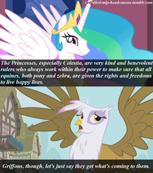 Size: 1280x1440 | Tagged: safe, edit, edited screencap, screencap, gilda, princess celestia, griffon, g4, egalitarianism, griffons as jews stereotype, headcanon, redpilled-mlp-headcanons, speciesism