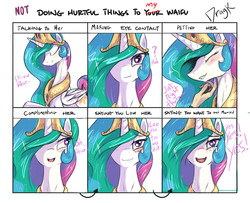 Size: 1400x1137 | Tagged: safe, artist:dragk, princess celestia, alicorn, human, pony, blushing, bronybait, chin scratch, crying, cute, cutelestia, dialogue, disembodied hand, doing hurtful things, doing loving things, eyes closed, female, grin, hair over one eye, looking at you, looking away, mare, meme, not doing hurtful things to your waifu, open mouth, petting, smiling, tears of joy, waifu