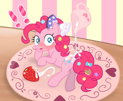 Size: 1234x1013 | Tagged: safe, artist:momo, pinkie pie, earth pony, pony, ask harajukupinkiepie, g4, blushing, cream, cute, diapinkes, female, food, implied vore, looking at you, mare, person as food, pinkie prey, pinup, plate, pouring, solo, strawberry
