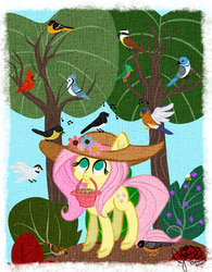 Size: 750x961 | Tagged: safe, artist:jigglybelle, fluttershy, bird, g4, animal, feeding, female, hat, mouth hold, solo, tree, working