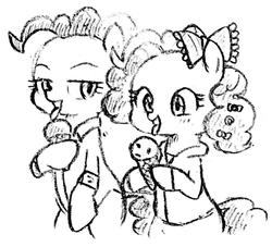 Size: 1024x931 | Tagged: safe, artist:tebasaki, pinkie pie, earth pony, pony, semi-anthro, g4, clothes, duality, eating, famihara, grayscale, hoof hold, ice cream, ice cream cone, licking, monochrome, simple background, tongue out