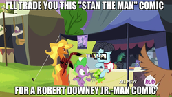 Size: 640x360 | Tagged: safe, screencap, daring do, flare de mare, spike, dog, orthros, g4, comic, comic book, hub logo, image macro, meme, multiple heads, two heads